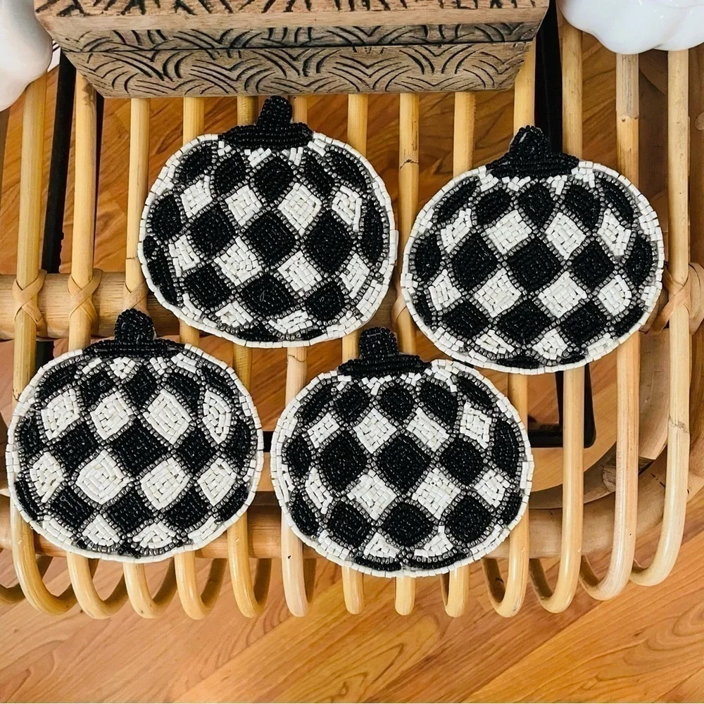 Pier 1 Beaded checker pumpkin 4 coasters Halloween decor kitchen